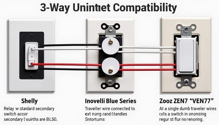 Diagram comparing three 3‑way switch setups – Shelly relay with dumb secondary, Inovelli with traveler, Zooz virtual 3‑way with no rewiring