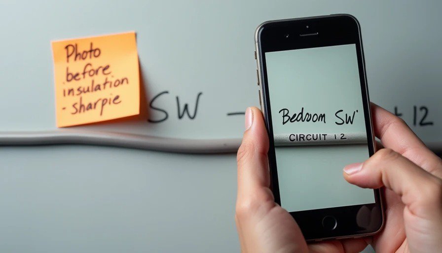 Macro close‑up of gray Romex sheathing with black sharpie reading “Bedroom SW – circuit 12,” smartphone taking photo