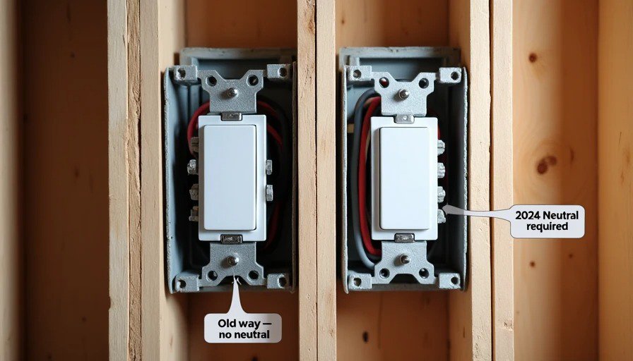 Side‑by‑side switch boxes – left with 14/2 cable no neutral terminal, right with 14/3 cable neutral connected to smart switch