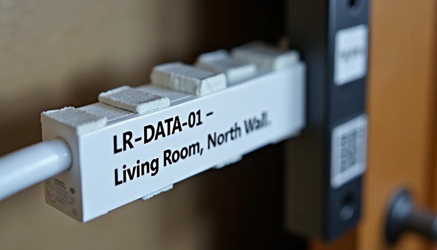 Macro close‑up of Cat6 cable with P‑Touch laminated label “LR‑DATA‑01 – Living Room, North Wall” and QR code nearby