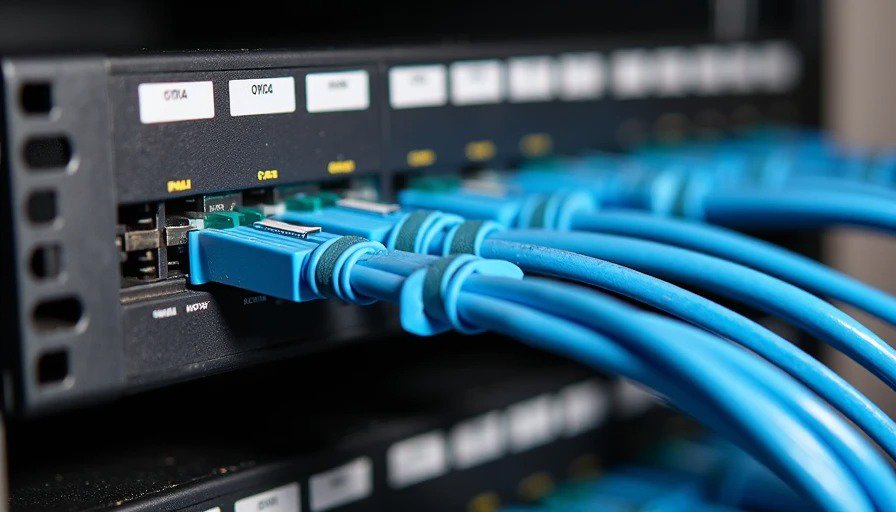 Back view of patch panel showing generous Cat6 service loop bundled with Velcro straps for re‑termination