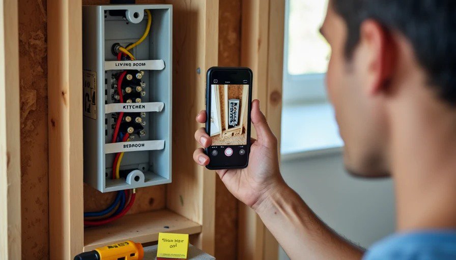 Homeowner using smartphone to photograph labeled junction box – documenting wiring before walls close