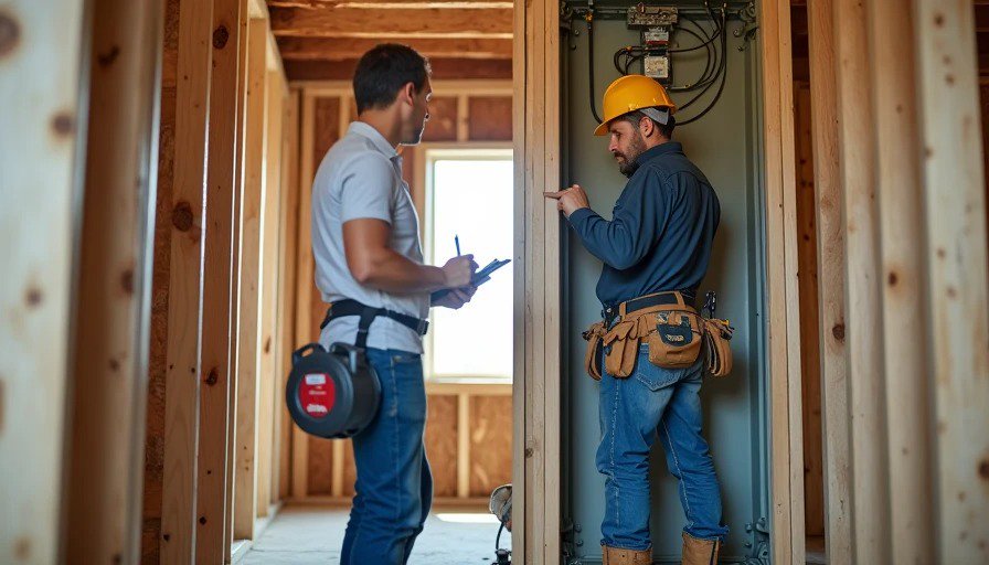 Electrician in tool belt pointing at open junction box, explaining to homeowner with clipboard taking notes