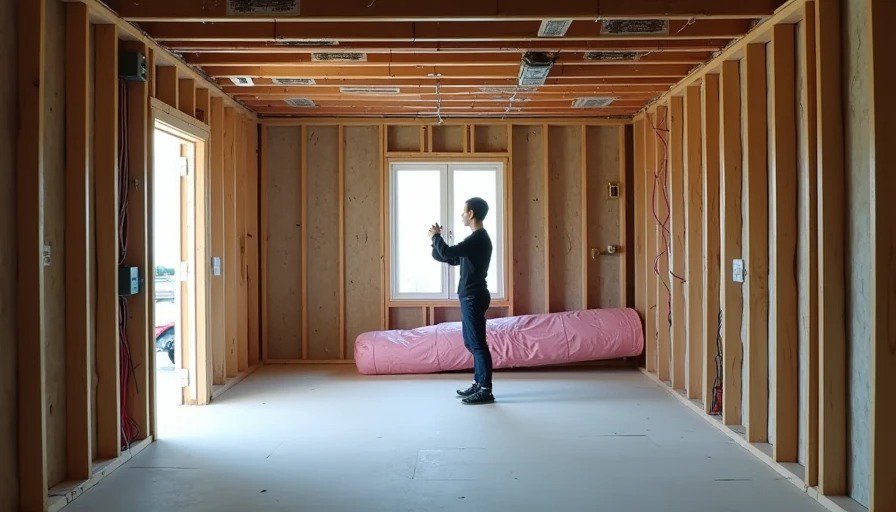 Wide‑angle view of room with exposed studs, joists, and electrical boxes, person taking photo of opposite wall