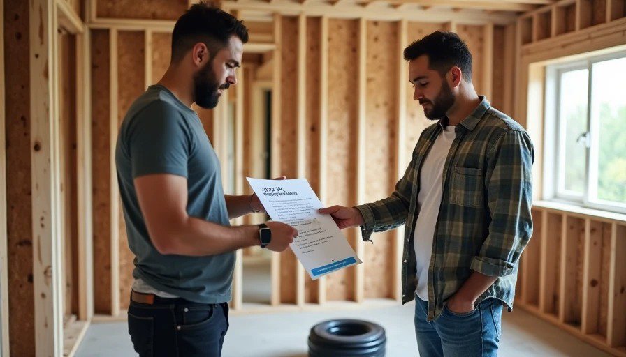 Homeowner handing printed “2023 NEC Neutral Requirements” sheet to electrician, roll of 14/3 cable nearby