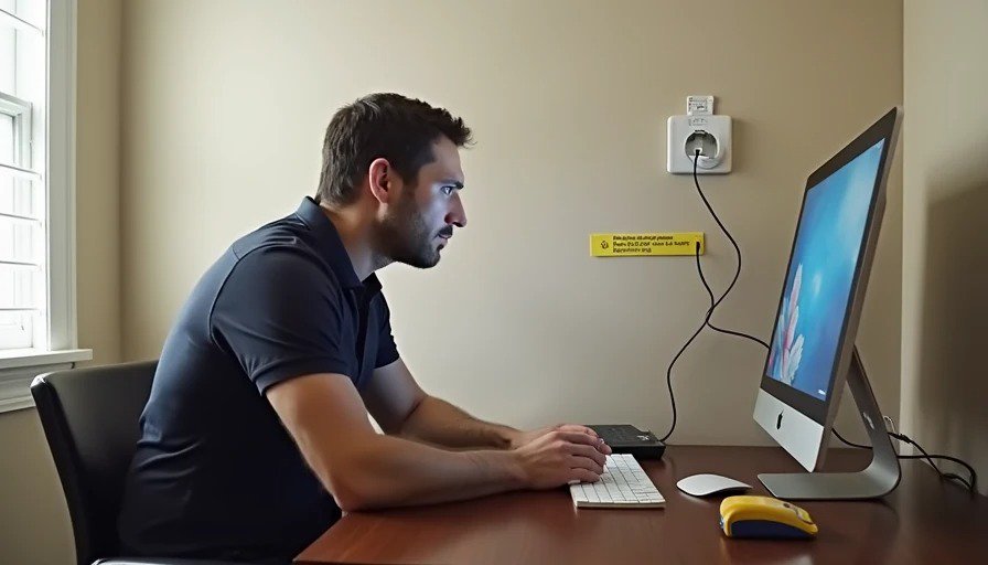 Home office desk with power cord diagonally stretched to outlet 6 inches too far – daily annoyance, easy fix