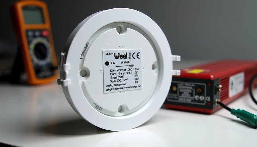 Close‑up of 4‑inch LED wafer fixture showing driver module labeled “120V AC to 24V DC – driver vibrates and hums