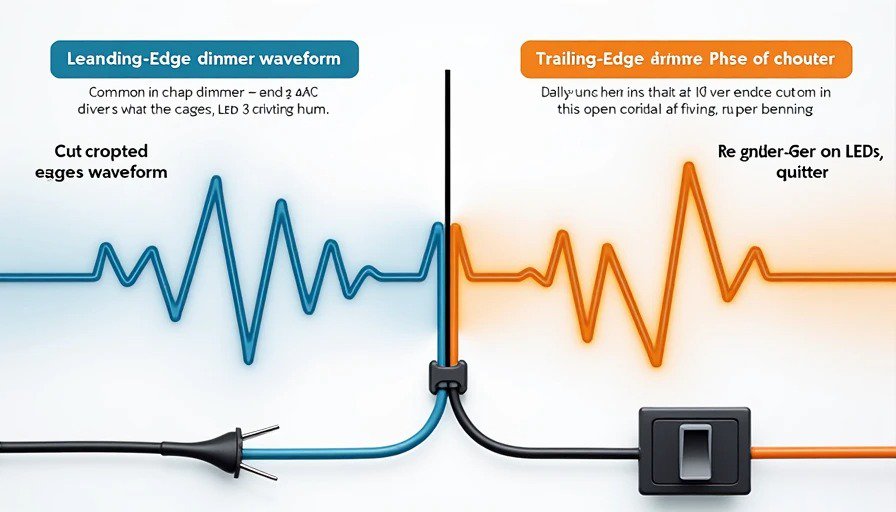 Educational split diagram – leading‑edge dimmer waveform (harsh cut) vs. trailing‑edge (smooth cut) for quieter LED dimming