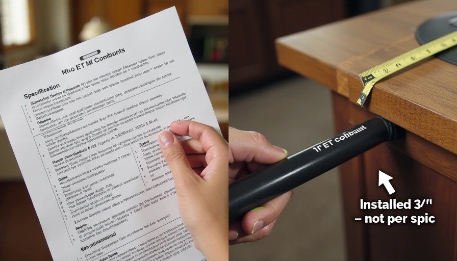 Split image – spec page showing 1" EMT conduit vs. actual ¾" conduit installed, tape measure showing size difference