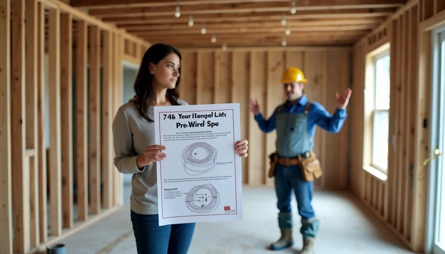 Homeowner holding smart pre‑wire spec sheet, electrician shrugging dismissively – exposed studs, 14/2 on floor