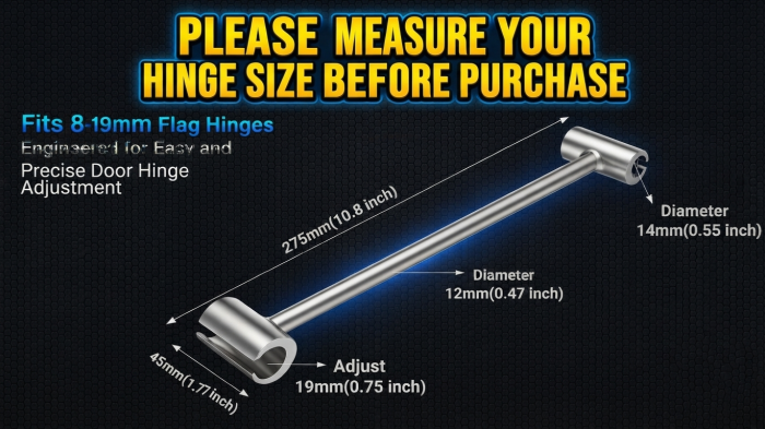 Dimensions and compatibility guide for the Magic Phoenix flag hinge adjustment tool An engineering diagram of the metal hinge adjustment tool, showing its 275mm (10.8 inch) length, diameter measurements of 14mm and 12mm, and a critical reminder to measure hinge size before purchase, as it fits 8-19mm flag hinges.