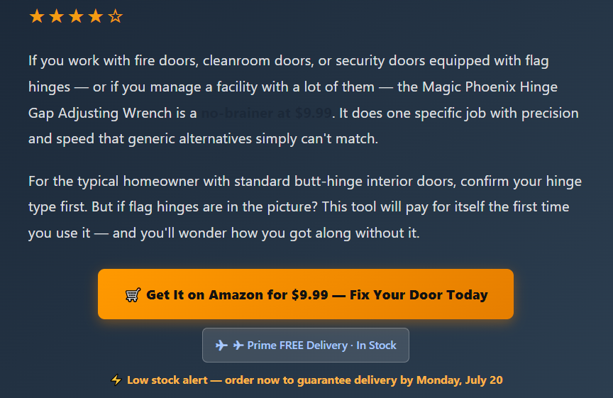 Customer review and purchase link for the Magic Phoenix Hinge Gap Adjusting Wrench
