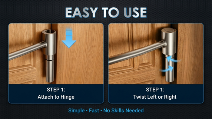How to use the Magic Phoenix door hinge adjustment tool A two-step visual guide showing how to attach the tool to a door hinge and twist it left or right to adjust the hinge, highlighting the simple, fast, and skill-free process.